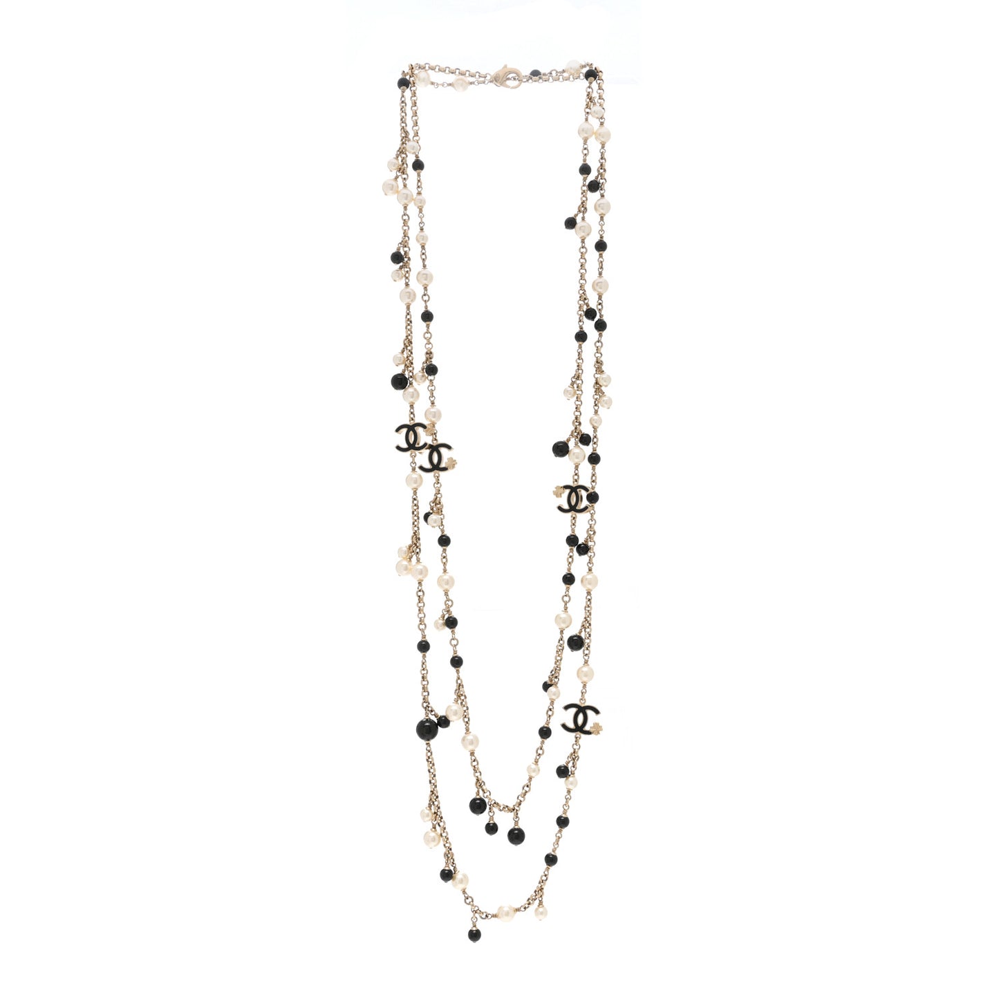 Pearl Bead Enamel CC Long Necklace Black Gold