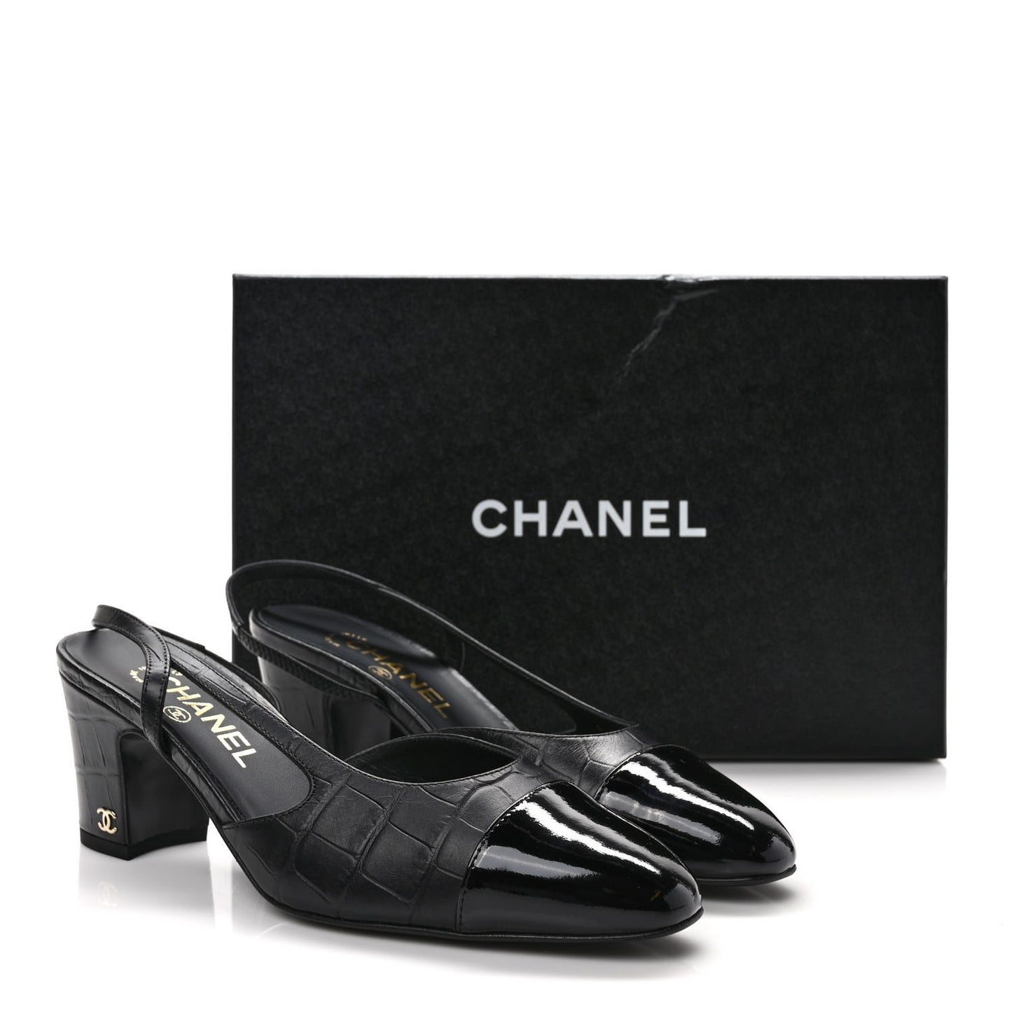Calfskin Crocodile Embossed Patent Cap Toe CC Slingback Sandals 38 Black
