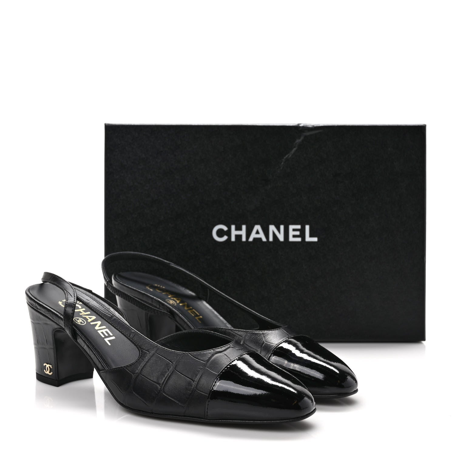Chanel Calfskin Crocodile Embossed Patent Cap Toe CC Slingback Sandals 38 Black 8 of 8