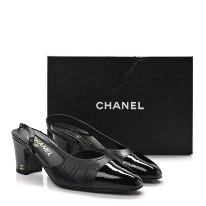 Chanel Calfskin Crocodile Embossed Patent Cap Toe CC Slingback Sandals 38 Black 8 of 8