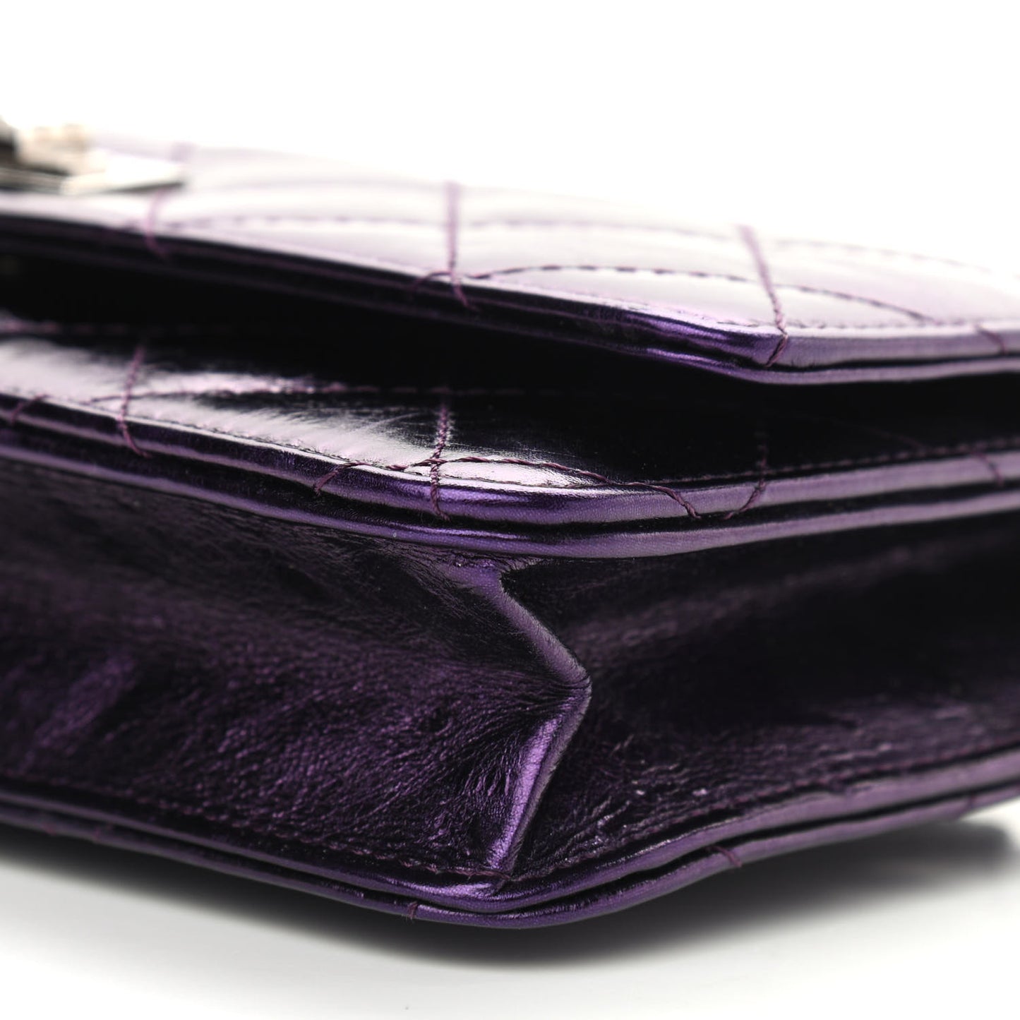 Metallic Aged Calfskin Quilted 2.55 Reissue Wallet on Chain WOC Purple