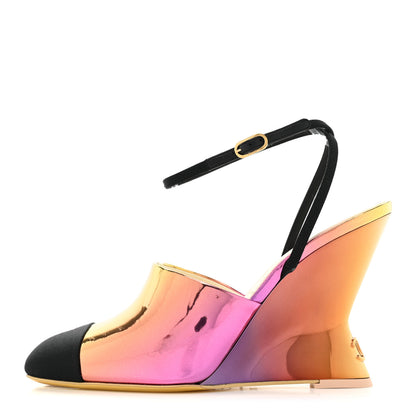 Chanel Laminated Calfskin Grosgrain Cap Toe CC Wedge Pumps 36.5 Pink Orange Yellow Black 1 of 9