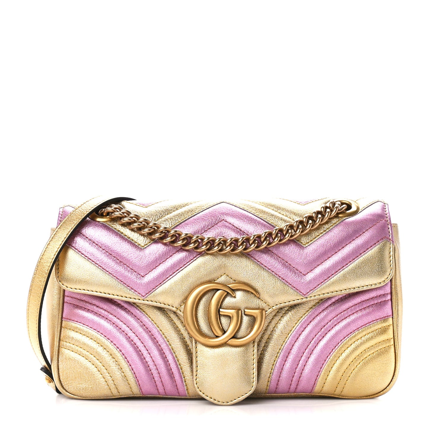 Metallic Calfskin Matelasse Small GG Marmont Shoulder Bag Gold Pink