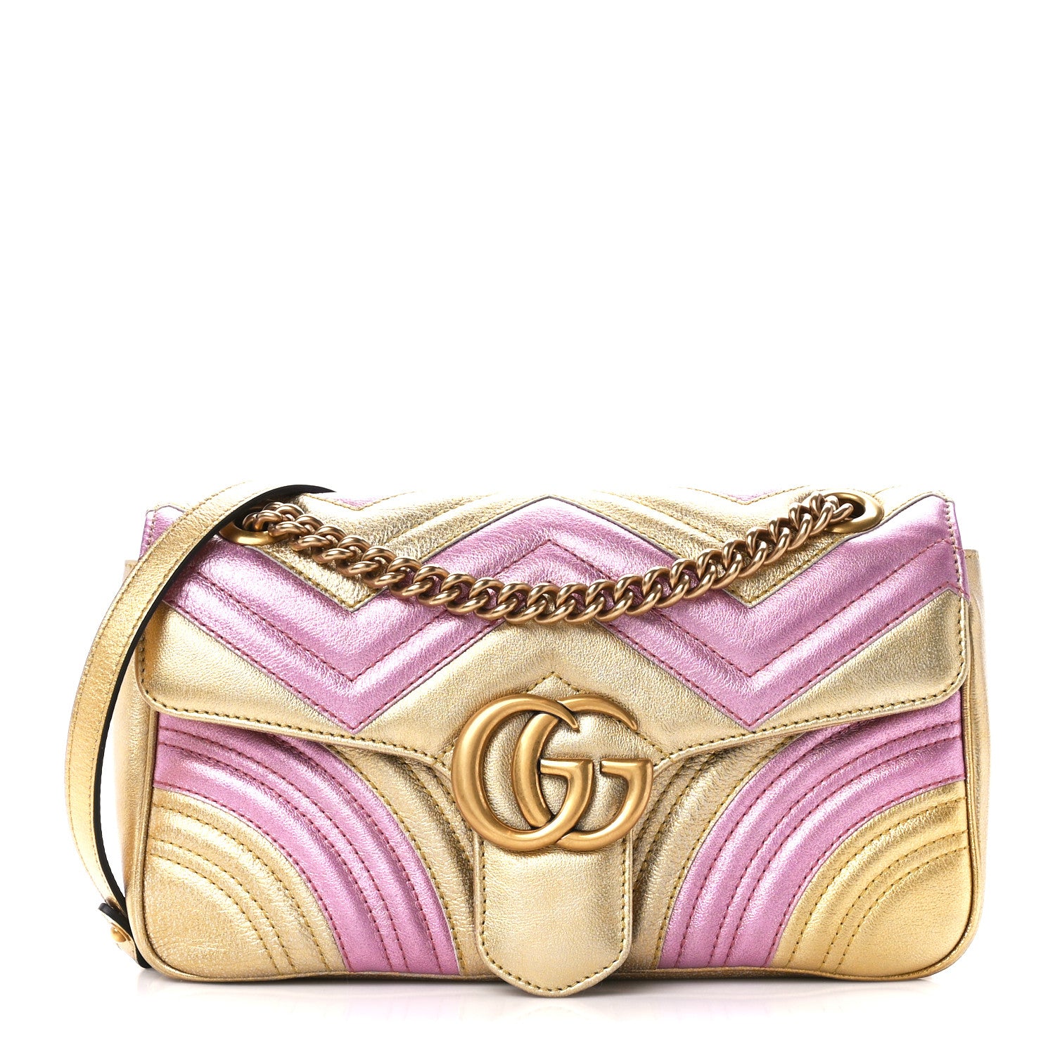 Gucci Metallic Calfskin Matelasse Small GG Marmont Shoulder Bag Gold Pink 1 of 12