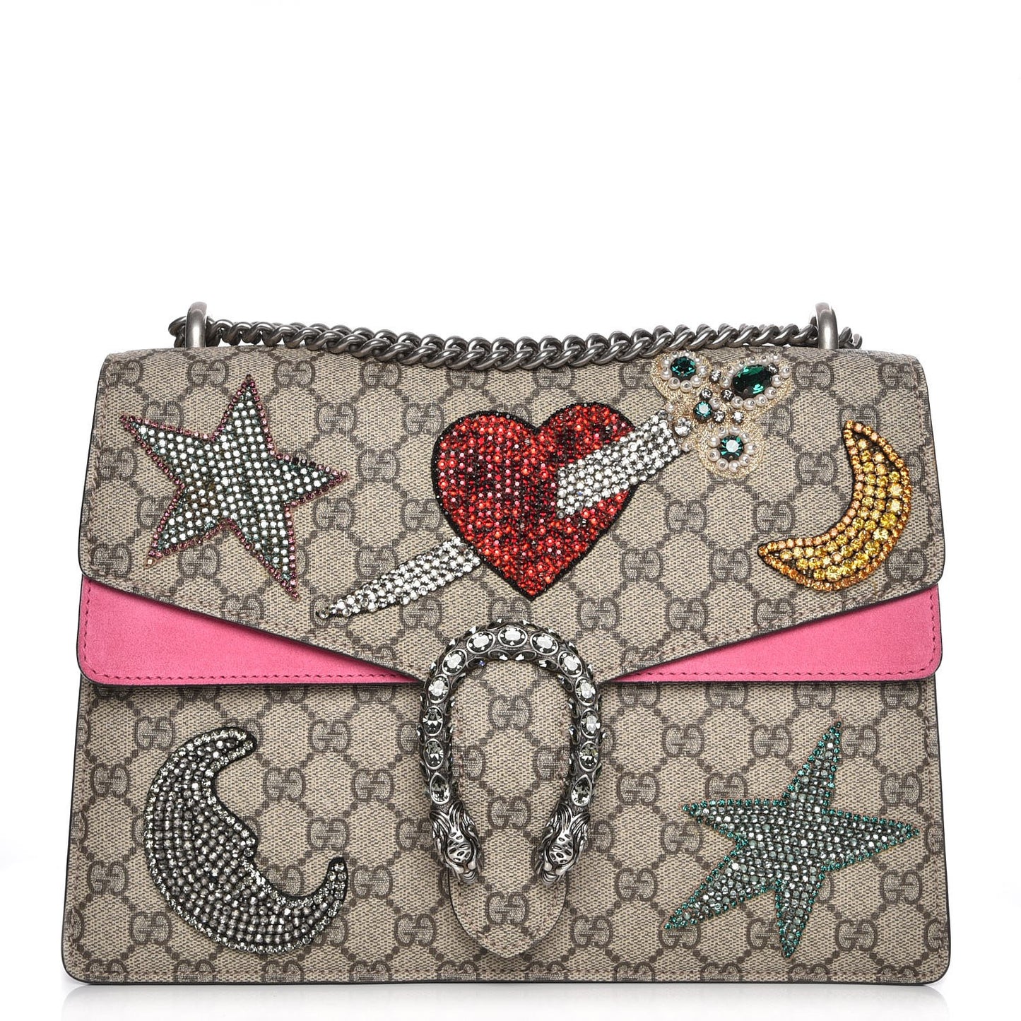 GG Supreme Monogram Suede Pierced Heart Embroidered Medium Dionysus Shoulder Bag Beige Ebony Pink Tropical Flower