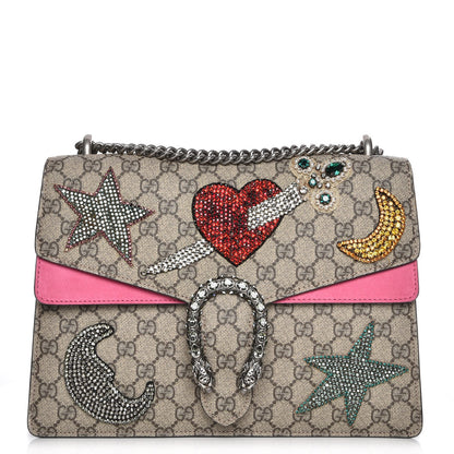 Gucci GG Supreme Monogram Suede Pierced Heart Embroidered Medium Dionysus Shoulder Bag Beige Ebony Pink Tropical Flower 1 of 10
