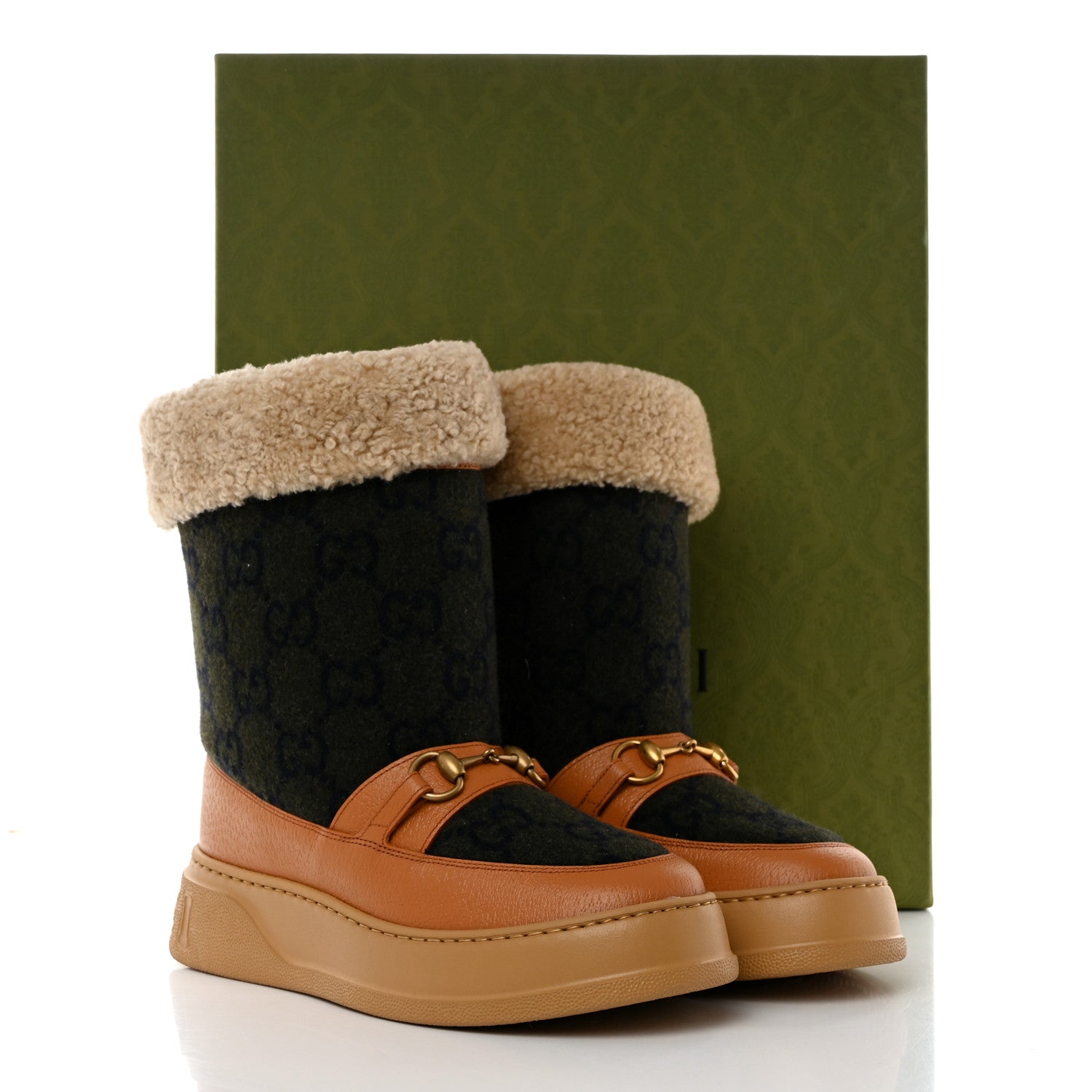 Gucci Covered Wool Monogram Textured Dollar Calfskin Shearling Horsebit Snow Boots 38.5 Underwood Blue Hazel Brown 9 of 9