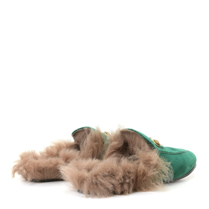 Gucci Velvet Fur Womens Princetown Slippers 37.5 Green 3 of 13