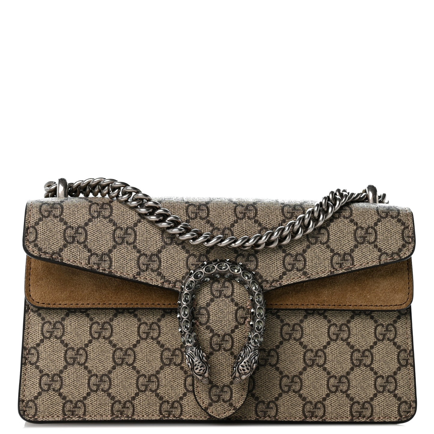 GG Supreme Monogram Suede Crystal Small Dionysus Shoulder Bag Beige Ebony Taupe