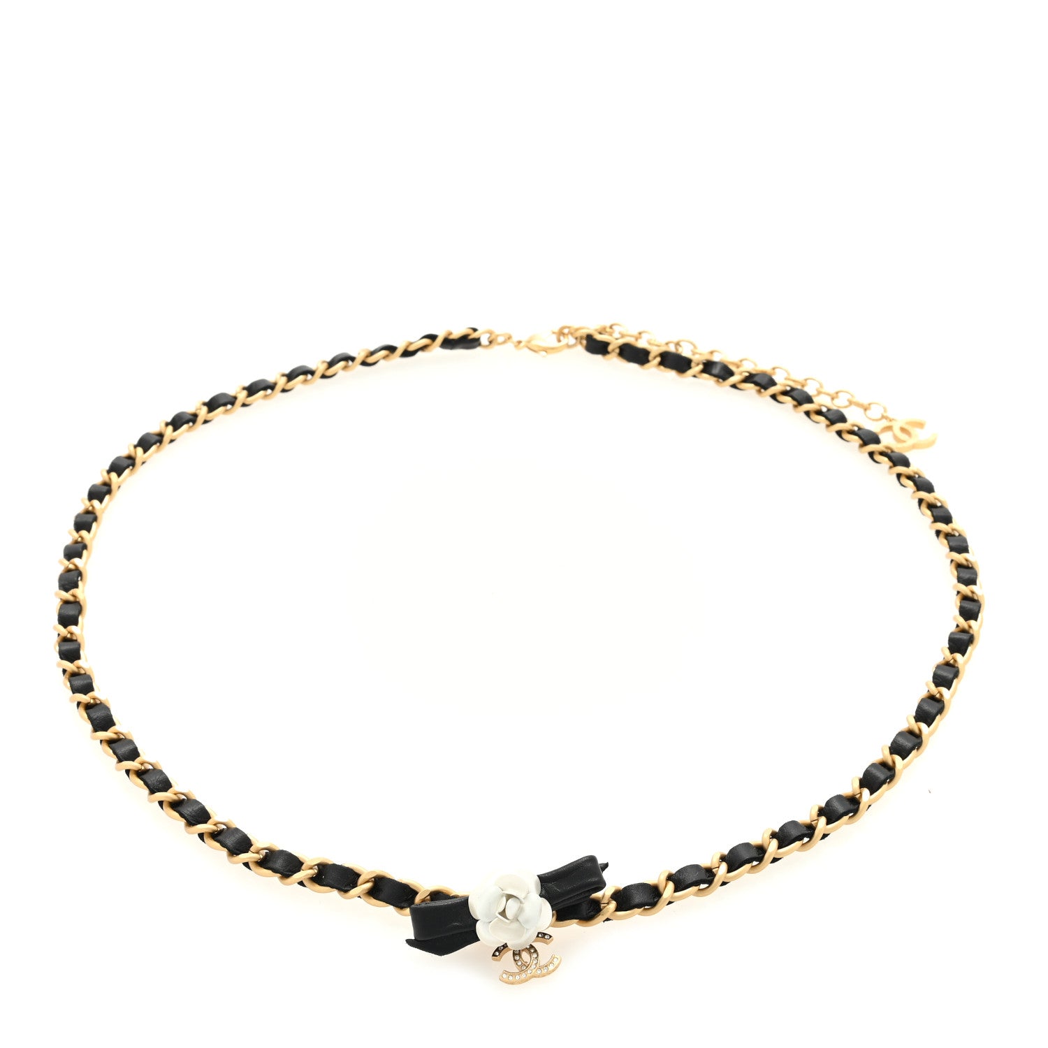 Chanel Calfskin Crystal Chain Camellia Belt 90 36 Black Gold 1 of 3