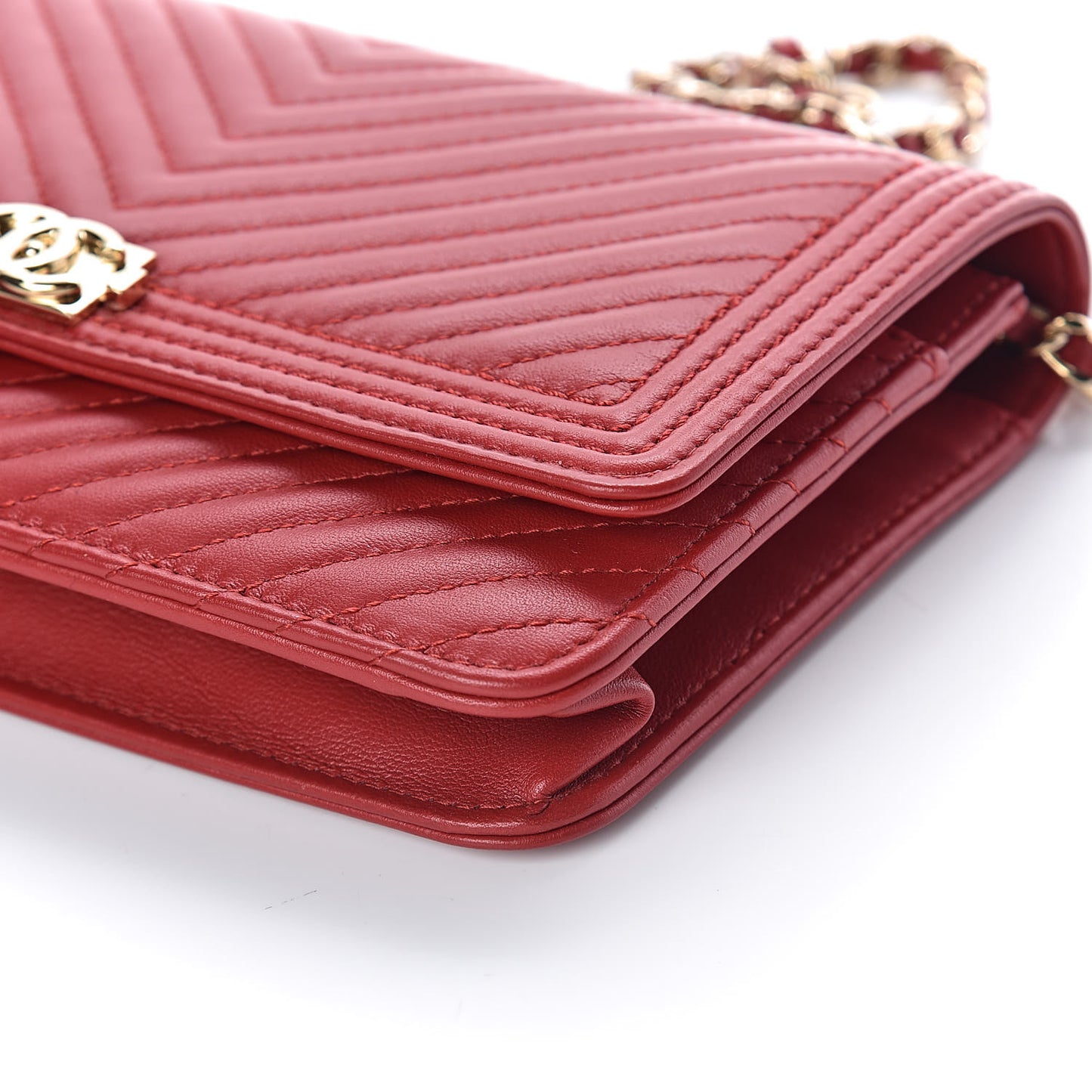 Calfskin Chevron Quilted Boy Wallet On Chain WOC Red