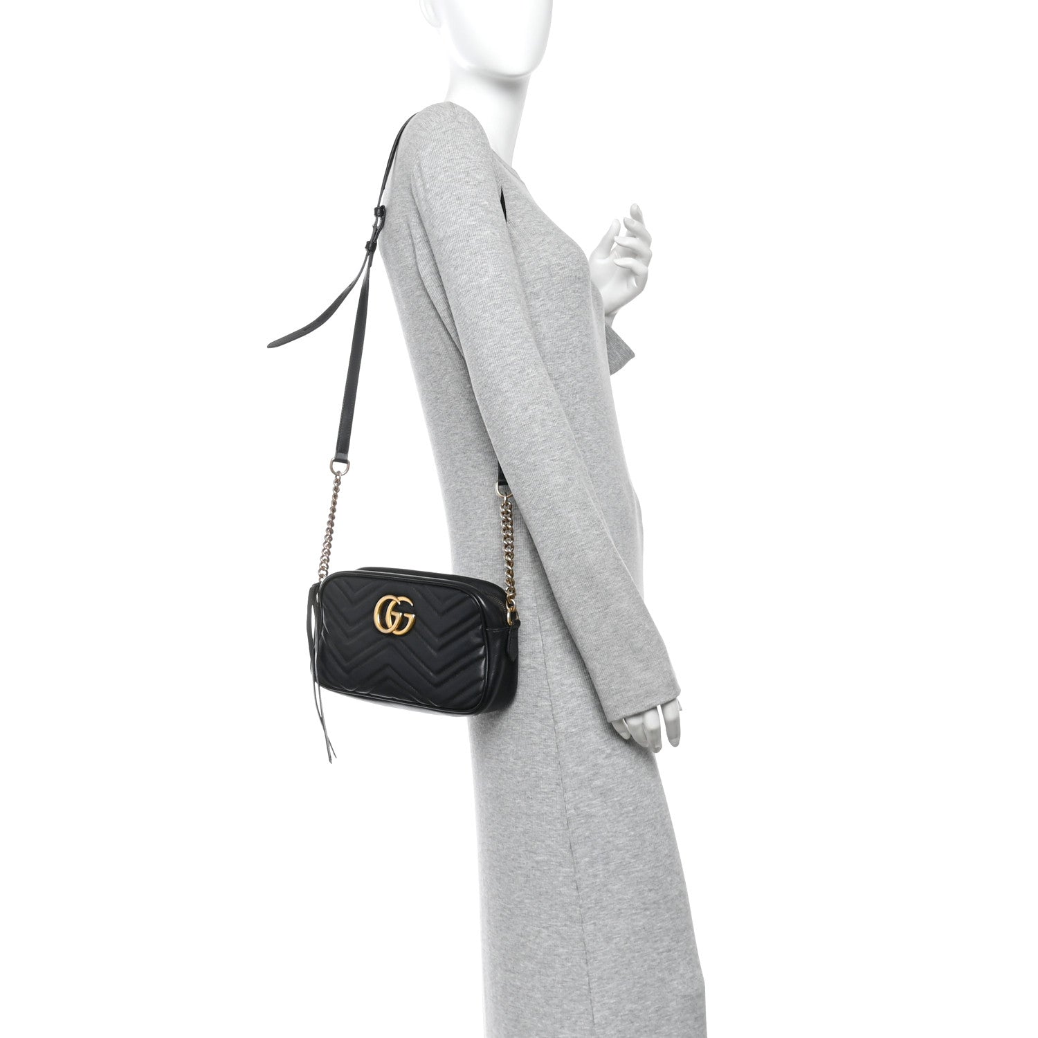 Gucci Calfskin Matelasse Small GG Marmont Chain Shoulder Bag Black 2 of 12
