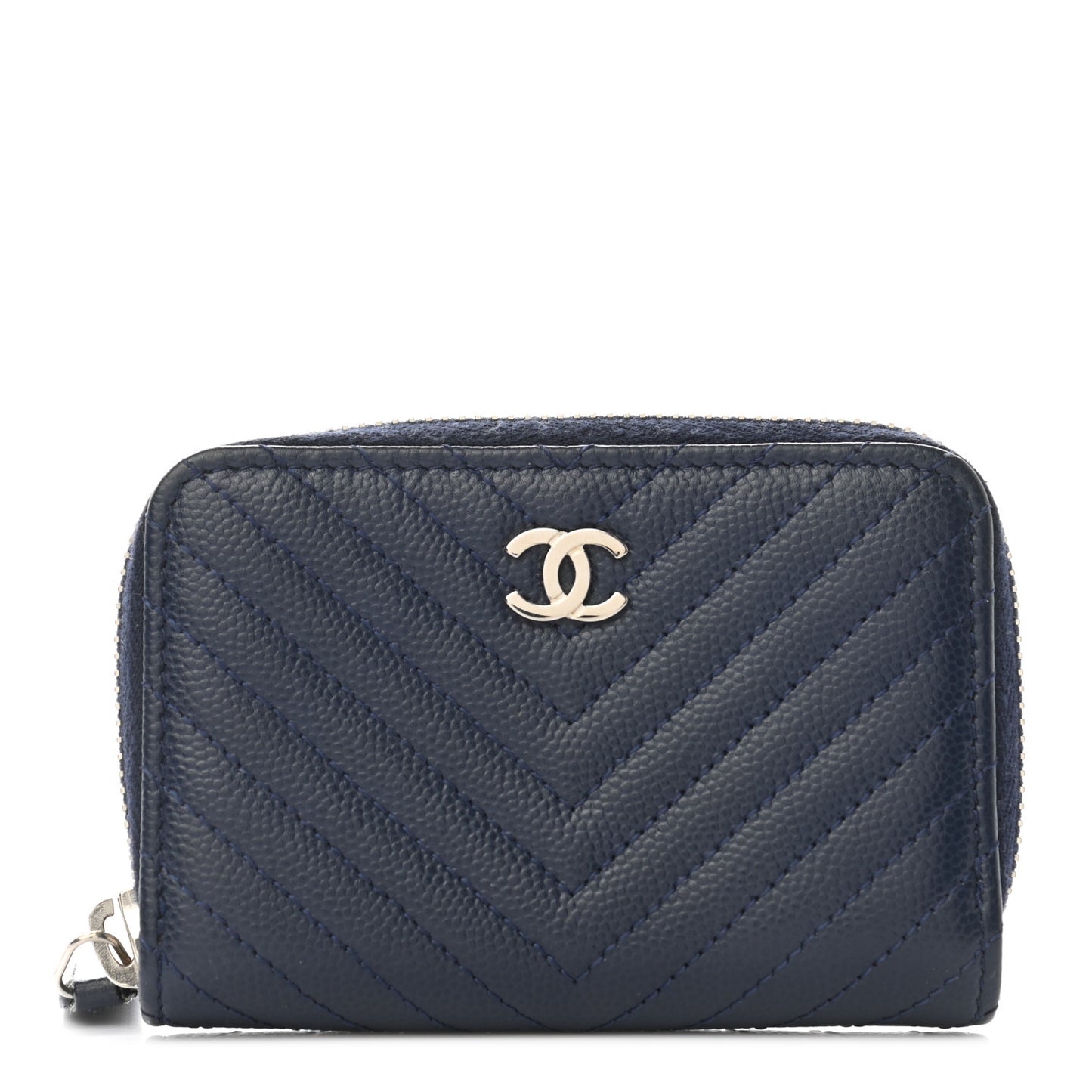 Caviar Chevron Quilted Zip Around Coin Purse Navy Blue