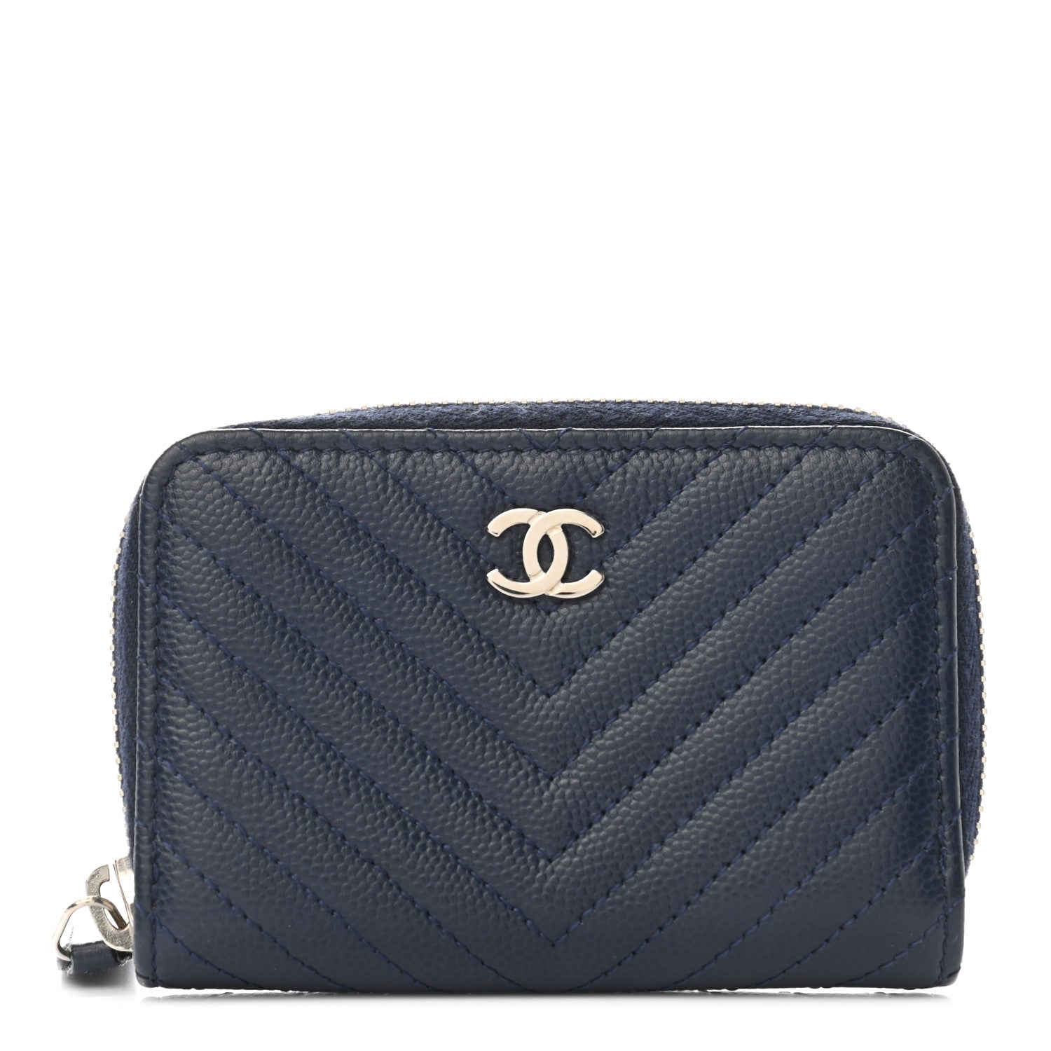 Chanel Caviar Chevron Quilted Zip Around Coin Purse Navy Blue 1 of 8