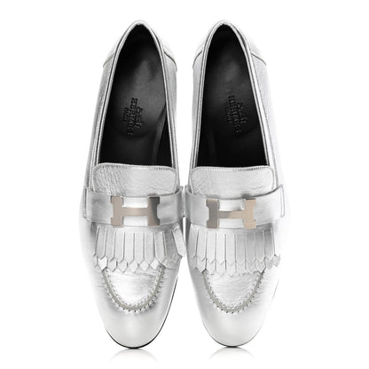 Hermes Metallic Chevre Womens Royal Loafers 38 Gris Argente 5 of 11