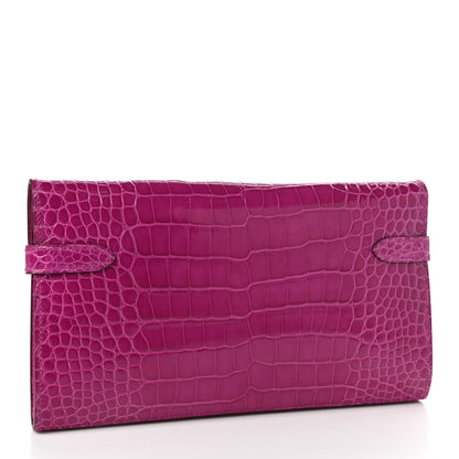 Hermes Shiny Alligator Kelly Longue Wallet Rose Scheherazade 3 of 8