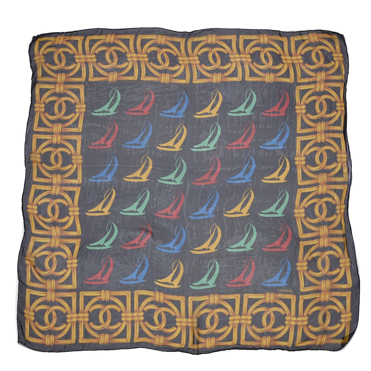 Chanel Silk Chiffon Sailboat Scarf Navy 1 of 4