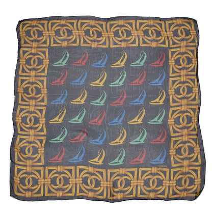 Chanel Silk Chiffon Sailboat Scarf Navy 1 of 4