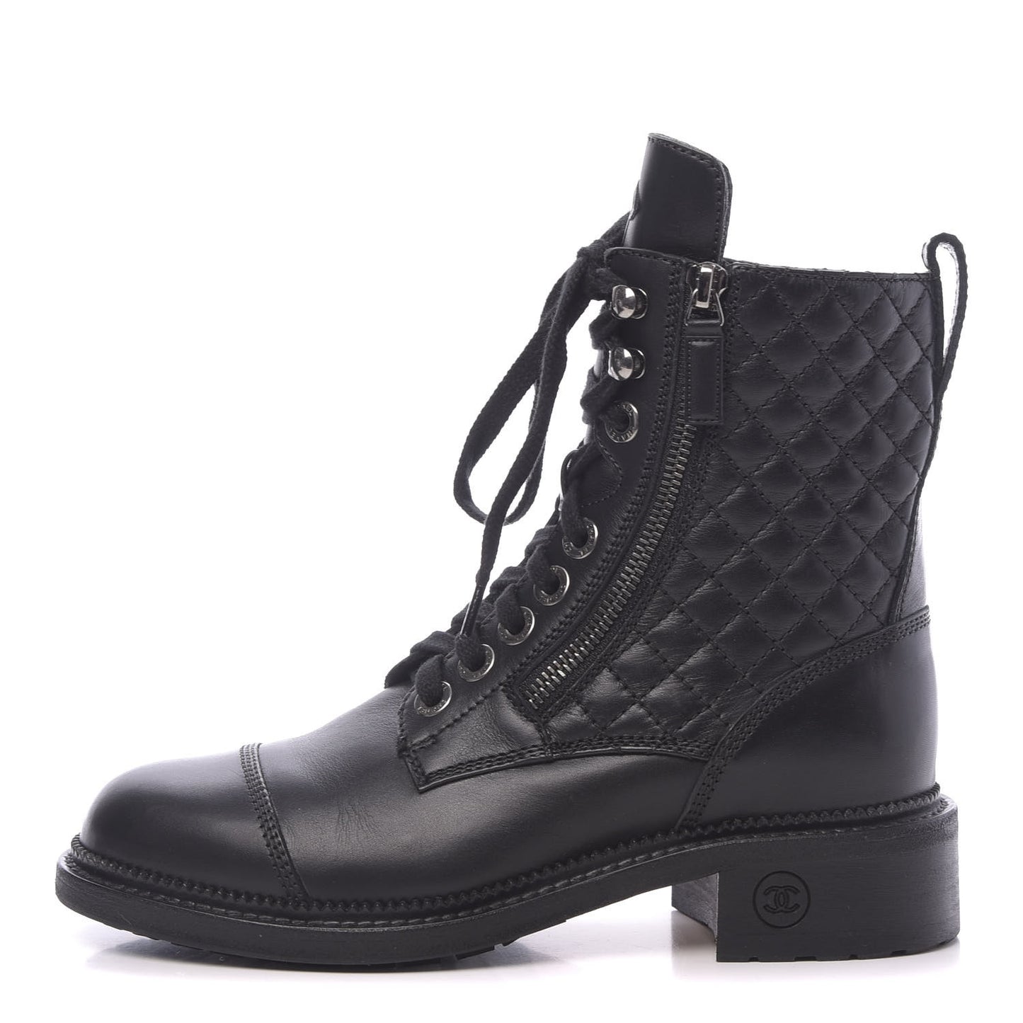 Calfskin Quilted Lace Up Combat Boots 36.5 Black