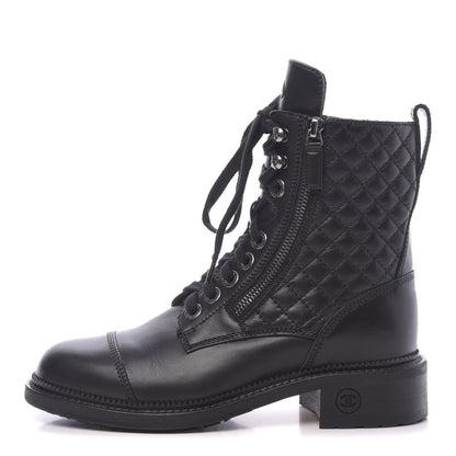 Chanel Calfskin Quilted Lace Up Combat Boots 36.5 Black 1 of 8