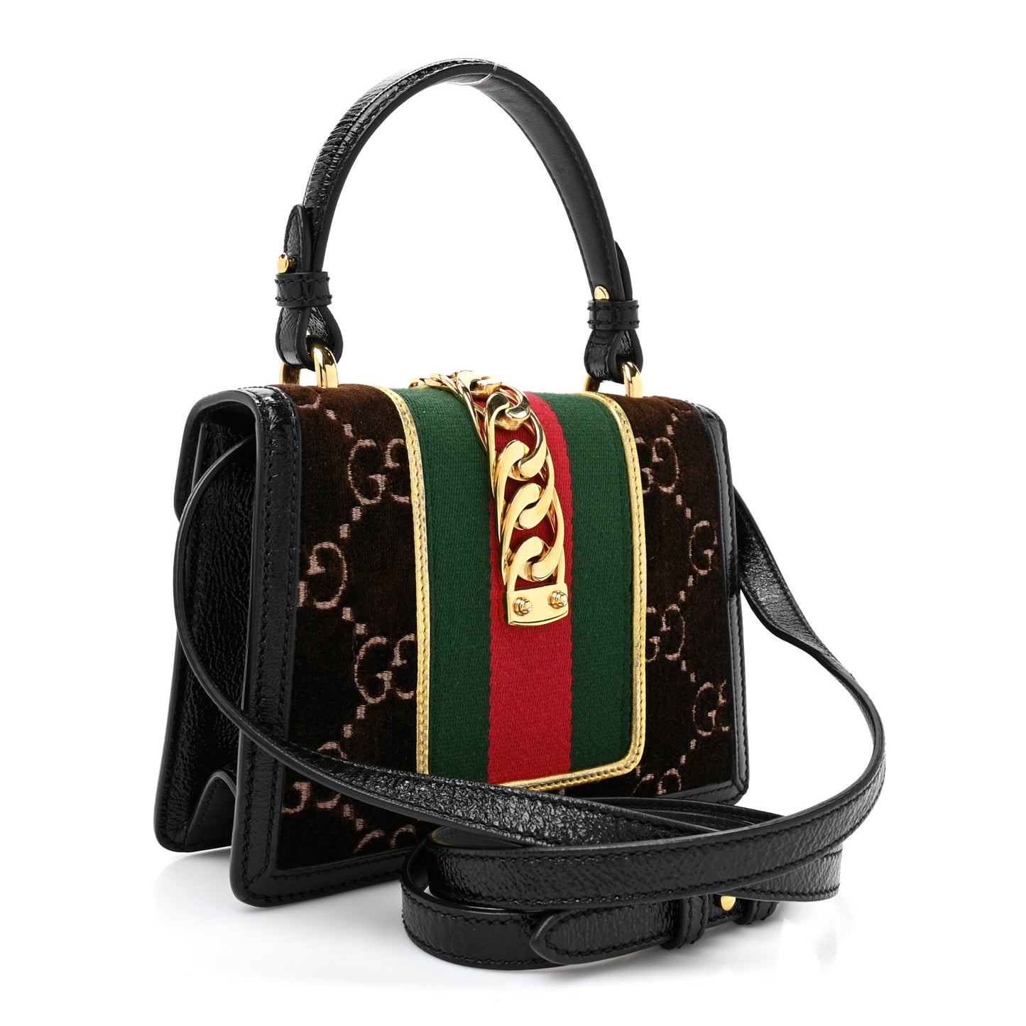 Velvet GG Monogram Web Mini Sylvie Top Handle Bag Brown Black Oro Vecchio