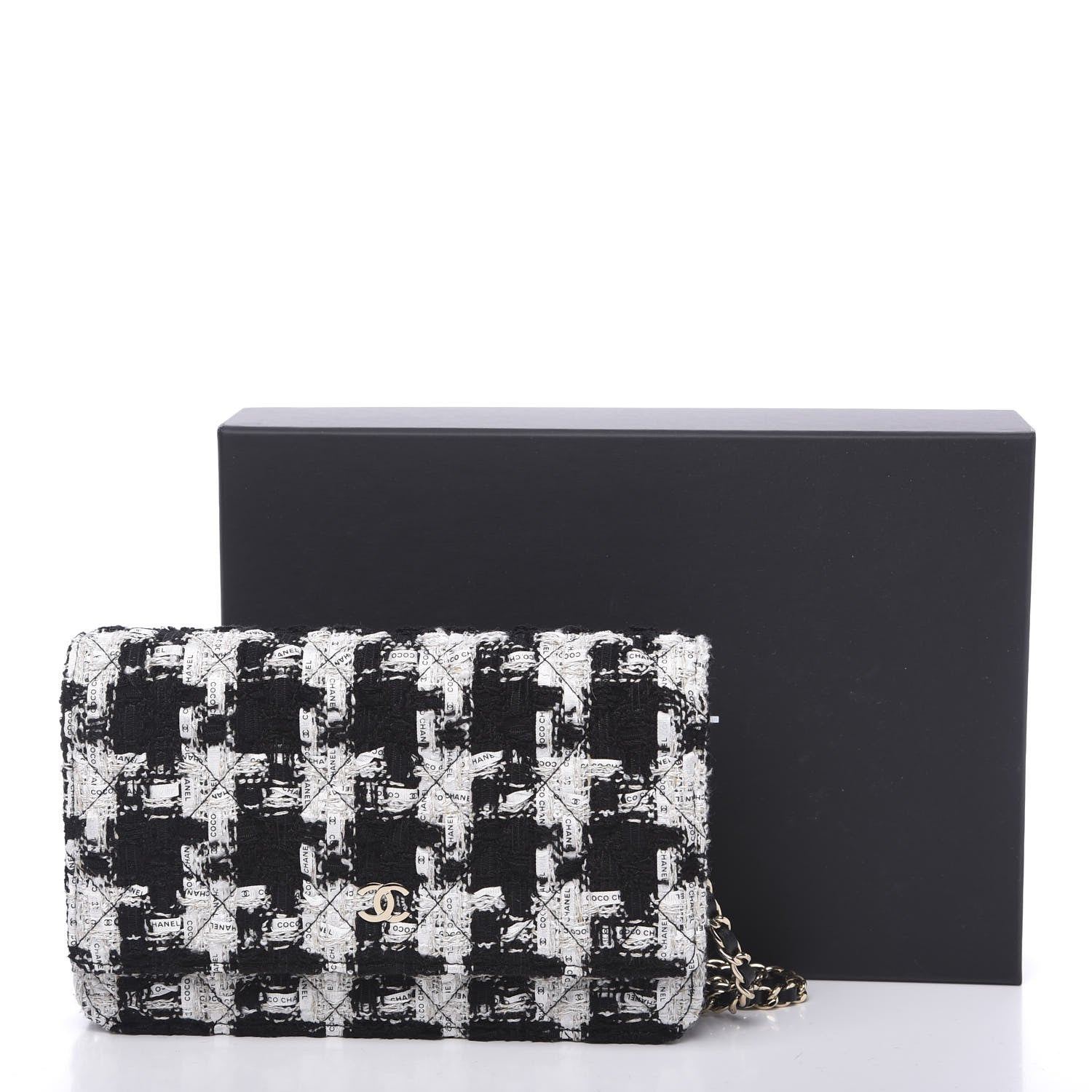 Chanel Tweed Quilted Wallet On Chain WOC Black Ecru White 10 of 10