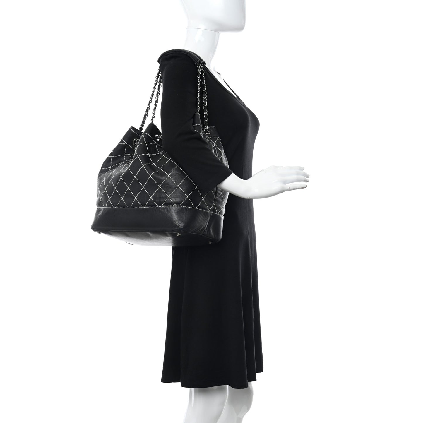 Calfskin Contrast Stitch Surpique Bucket Bag Black