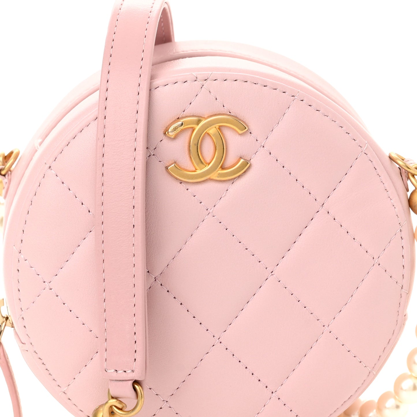 Calfskin Quilted Pearl Round Clutch With Chain Light Pink