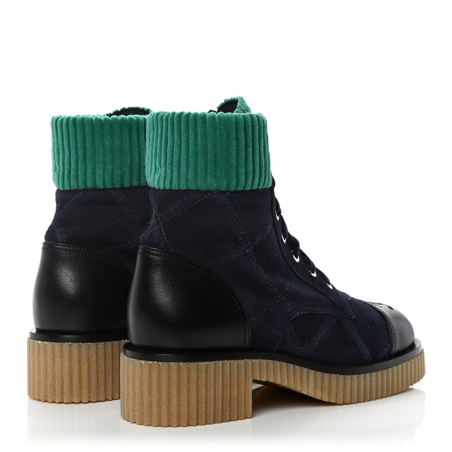 Suede Calfskin Velvet Quilted CC Combat Boots 38 Navy Green Black