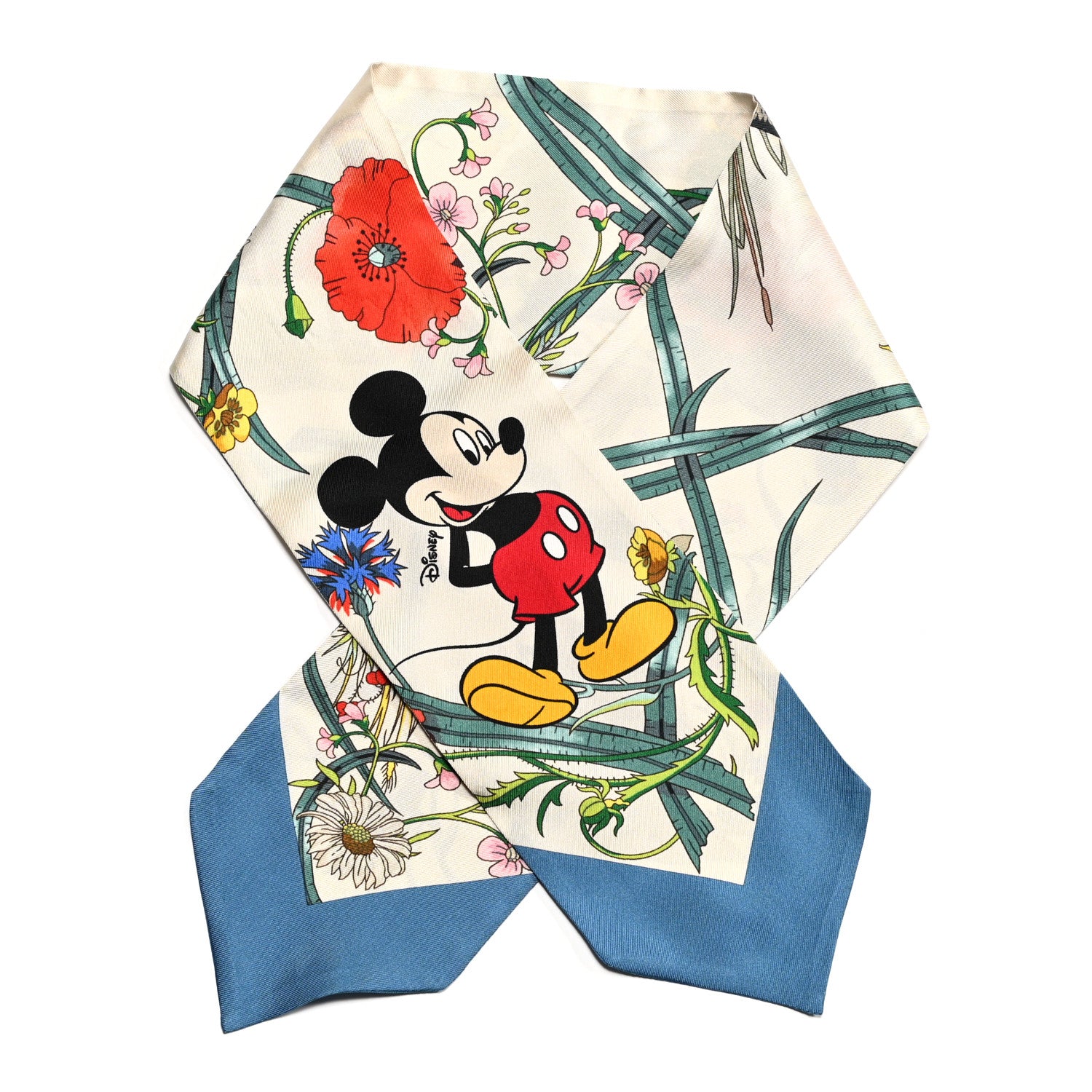 Gucci X DISNEY Silk Twill Mickey Lac Neck Bow Scarf Ivory Blue 1 of 5