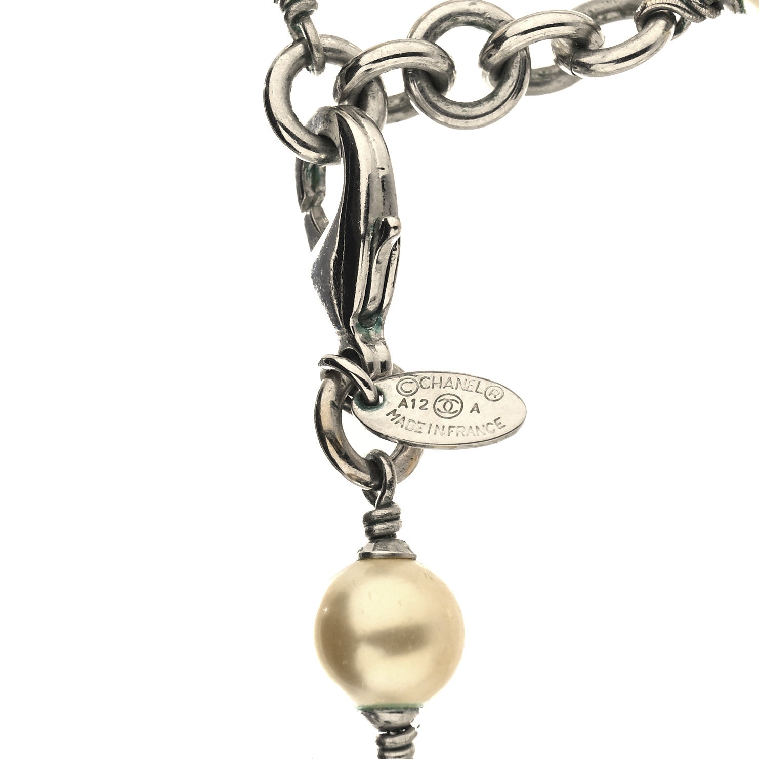 Chanel Crystal Pearl CC Long Necklace Silver Pearly White 4 of 4