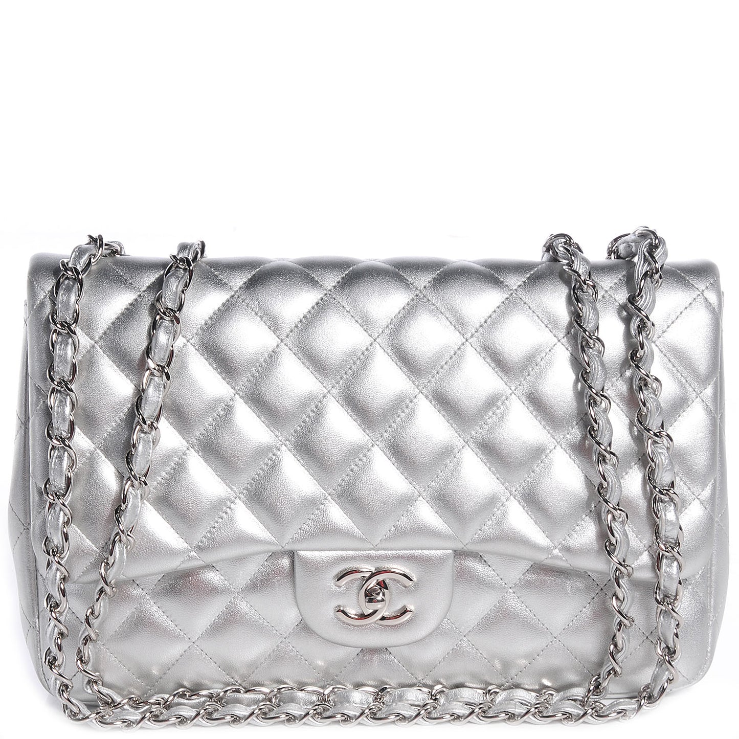 Metallic Lambskin Quilted Jumbo Single Flap Silver