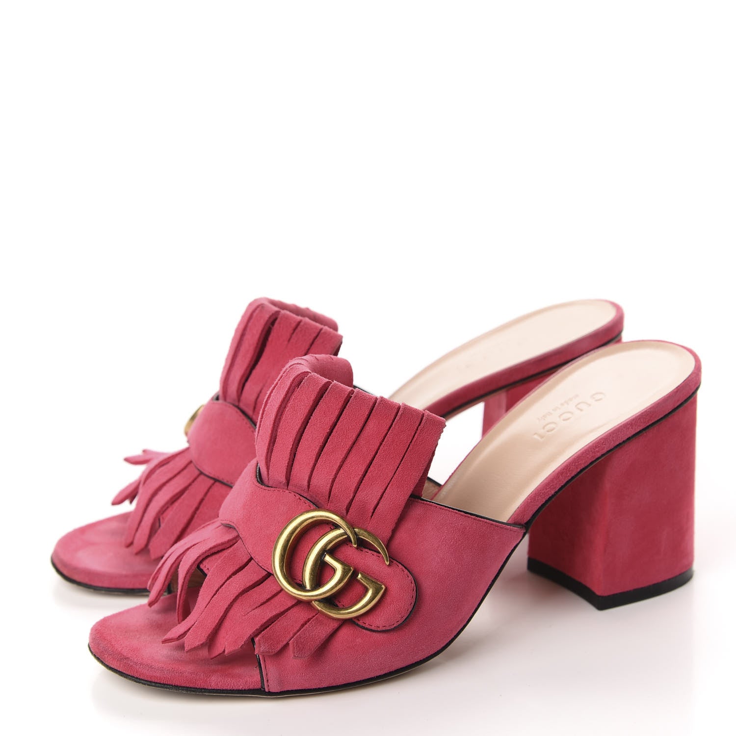 Gucci Kid Scamosciato GG Marmont Fringe 75mm Slide Sandals 37.5 Hot Pink 3 of 12