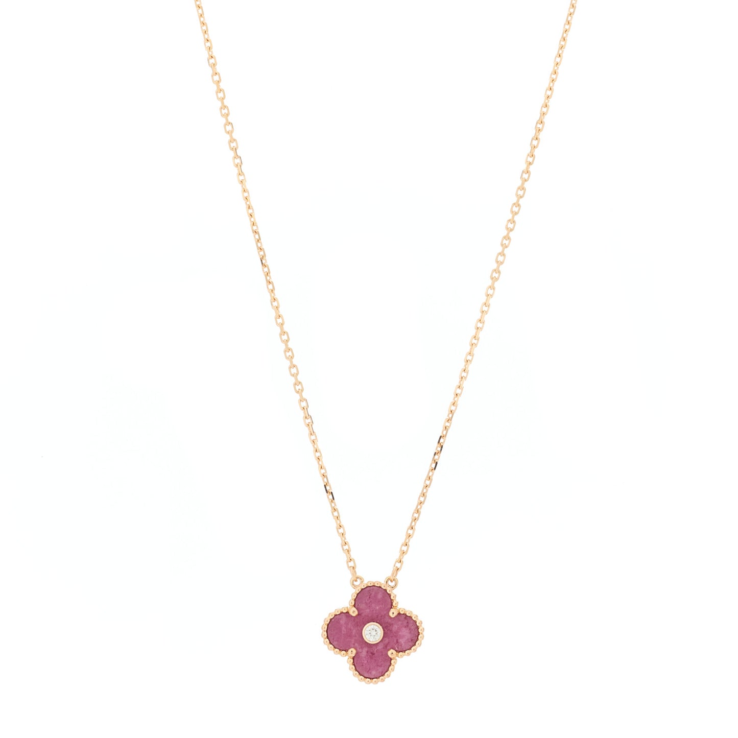 18K Rose Gold Diamond Rhodonite Vintage Alhambra Pendant Necklace