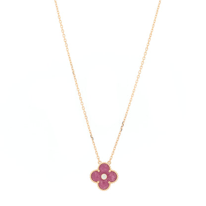 Van Cleef & Arpels 18K Rose Gold Diamond Rhodonite Vintage Alhambra Pendant Necklace 1 of 6