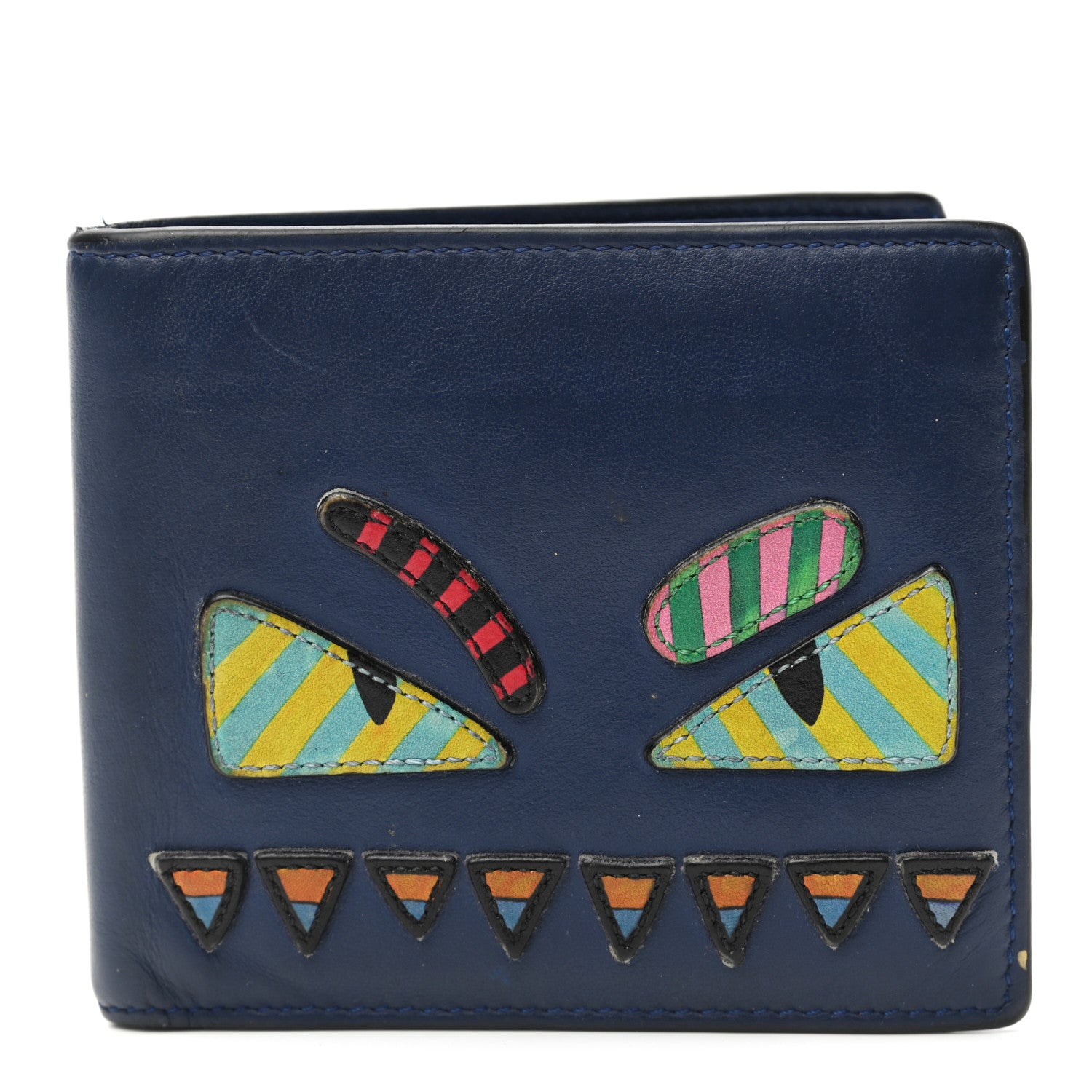 Fendi Vitello Elite Striped Eye Monster Bi-Fold Wallet Blue Multicolor 1 of 8