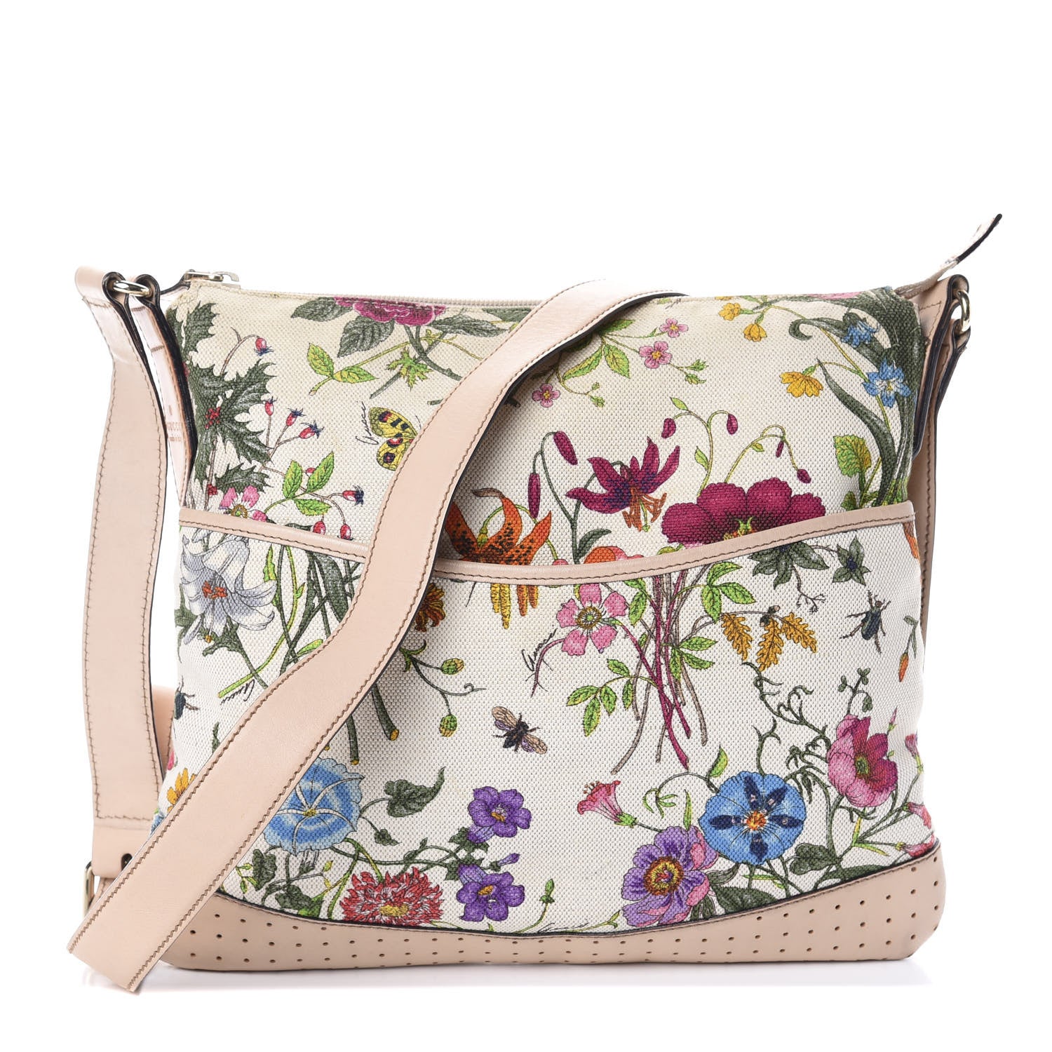 Gucci Canvas Calfskin Flora Perforated Medium Flat Messenger Bag White 1 of 9