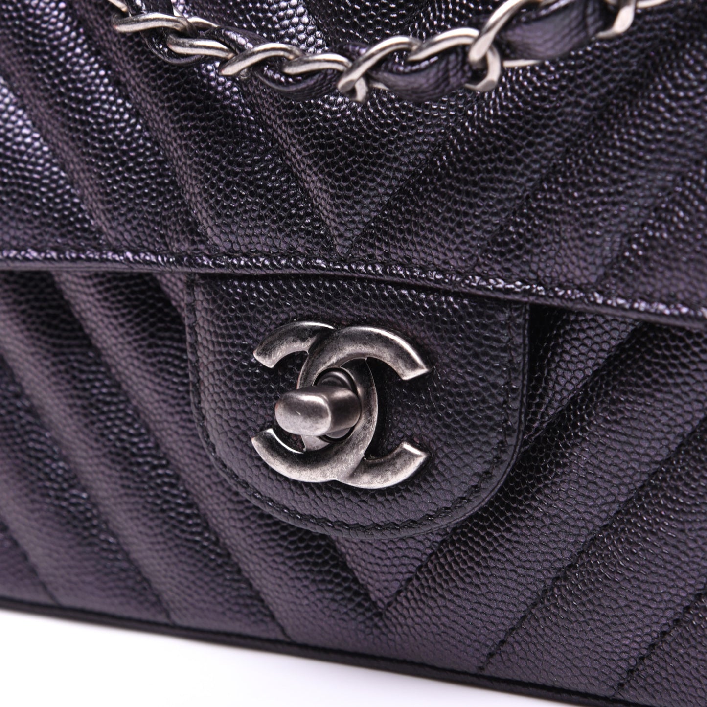 Metallic Caviar Chevron Quilted Mini Rectangular Flap Black