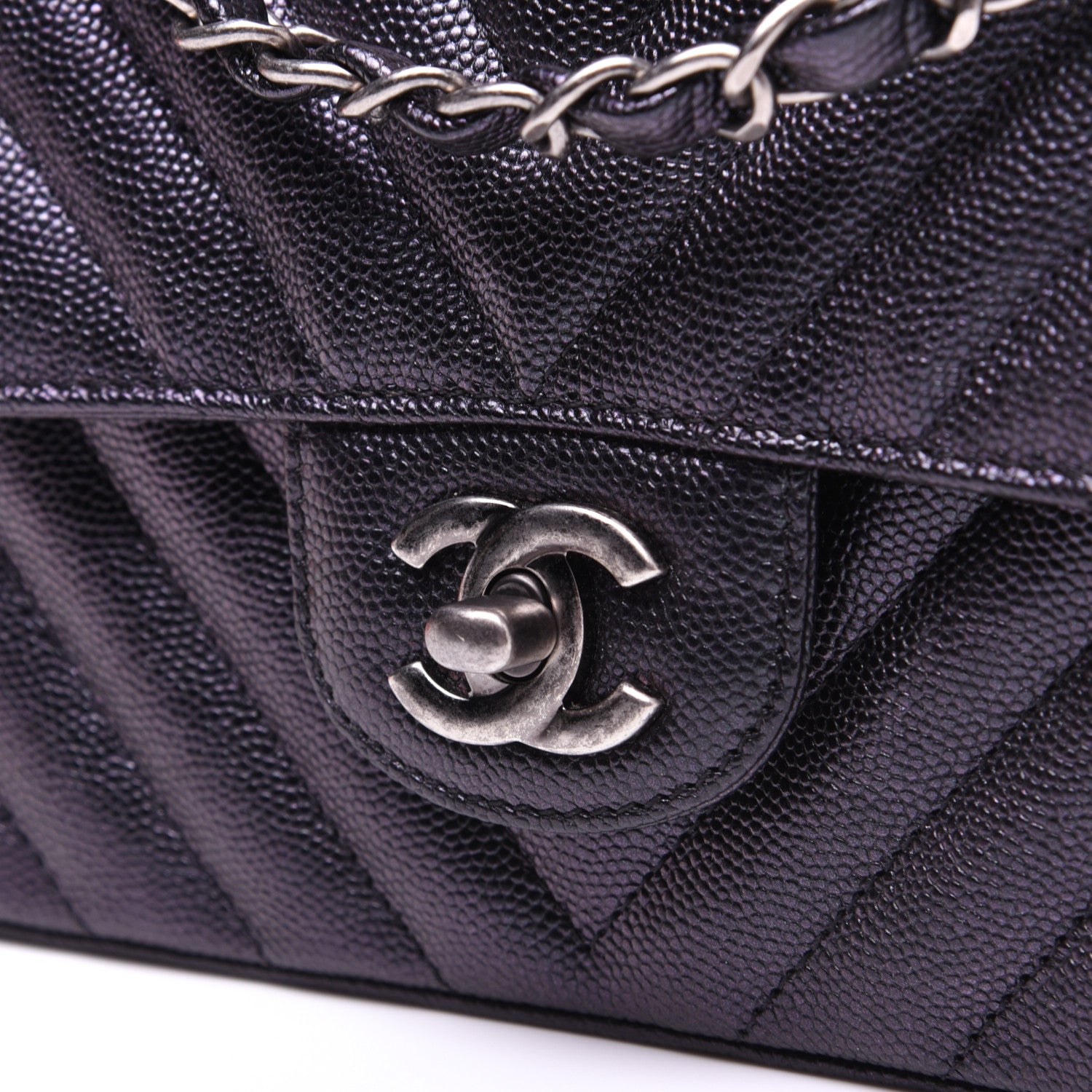 Chanel Metallic Caviar Chevron Quilted Mini Rectangular Flap Black 10 of 13