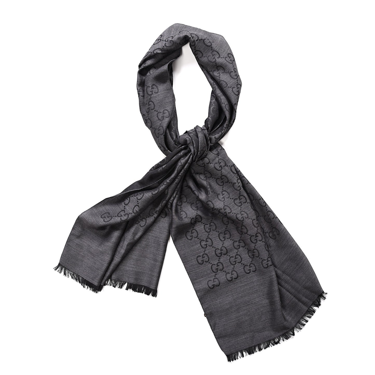 Wool Silk GG Monogram Fringe Scarf Dark Grey