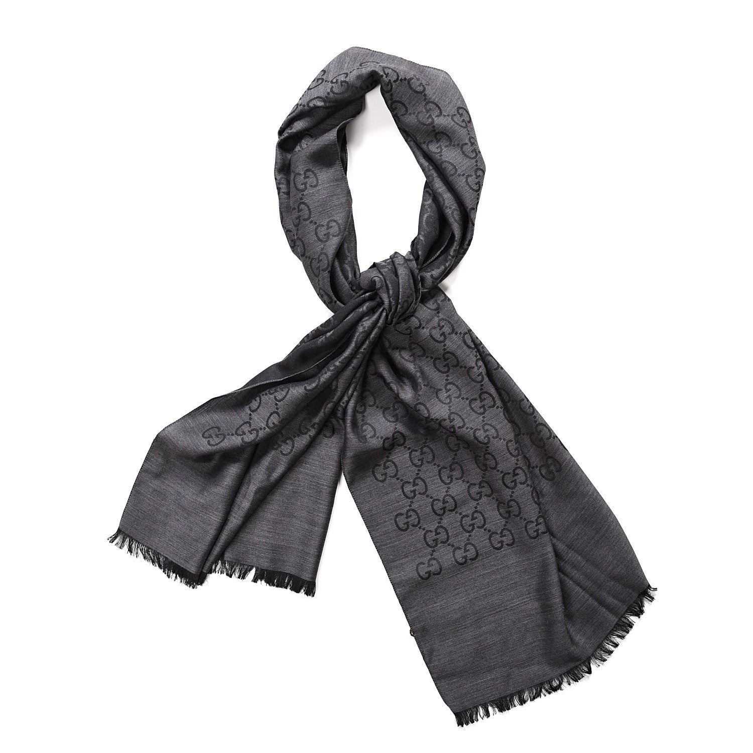 Gucci Wool Silk GG Monogram Fringe Scarf Dark Grey 1 of 5