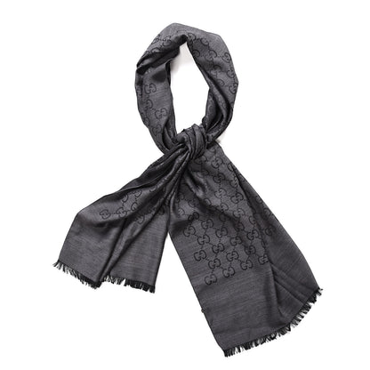 Gucci Wool Silk GG Monogram Fringe Scarf Dark Grey 1 of 5
