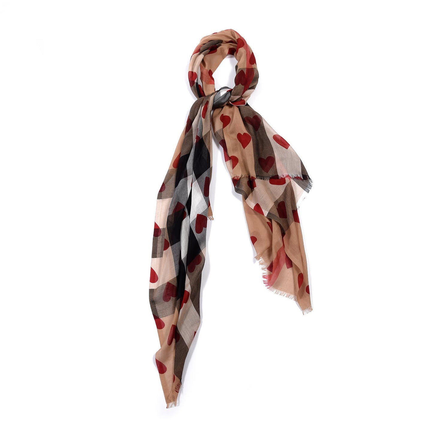 Modal Cashmere Silk Check Heart Print Lightweight Scarf Red