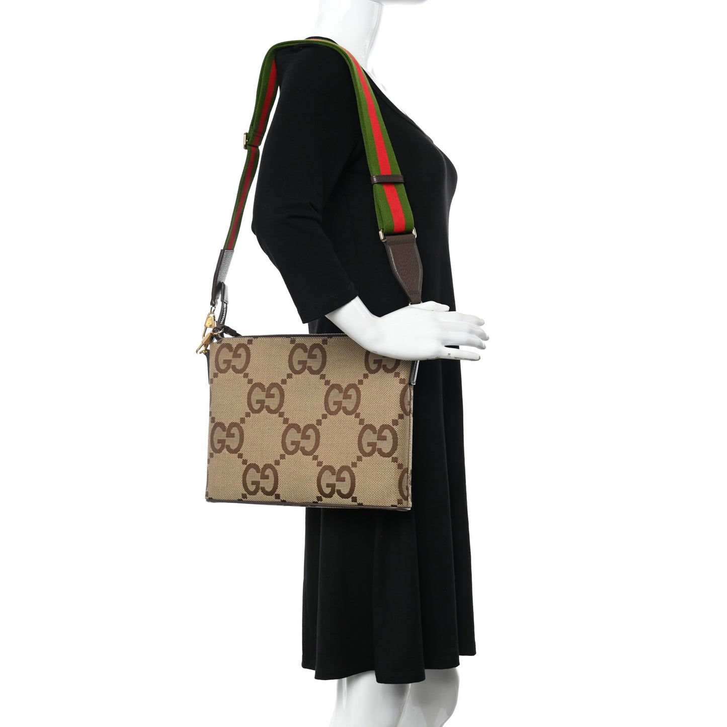 Monogram Jumbo GG Textured Dollar Calfskin Web Wristlet Messenger Bag Camel Ebony New Acero