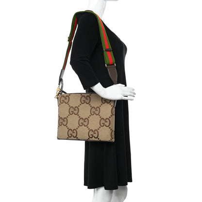 Gucci Monogram Jumbo GG Textured Dollar Calfskin Web Wristlet Messenger Bag Camel Ebony New Acero 2 of 11