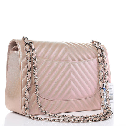 Chanel Metallic Caviar Chevron Quilted Jumbo Double Flap Light Gold 4 of 11