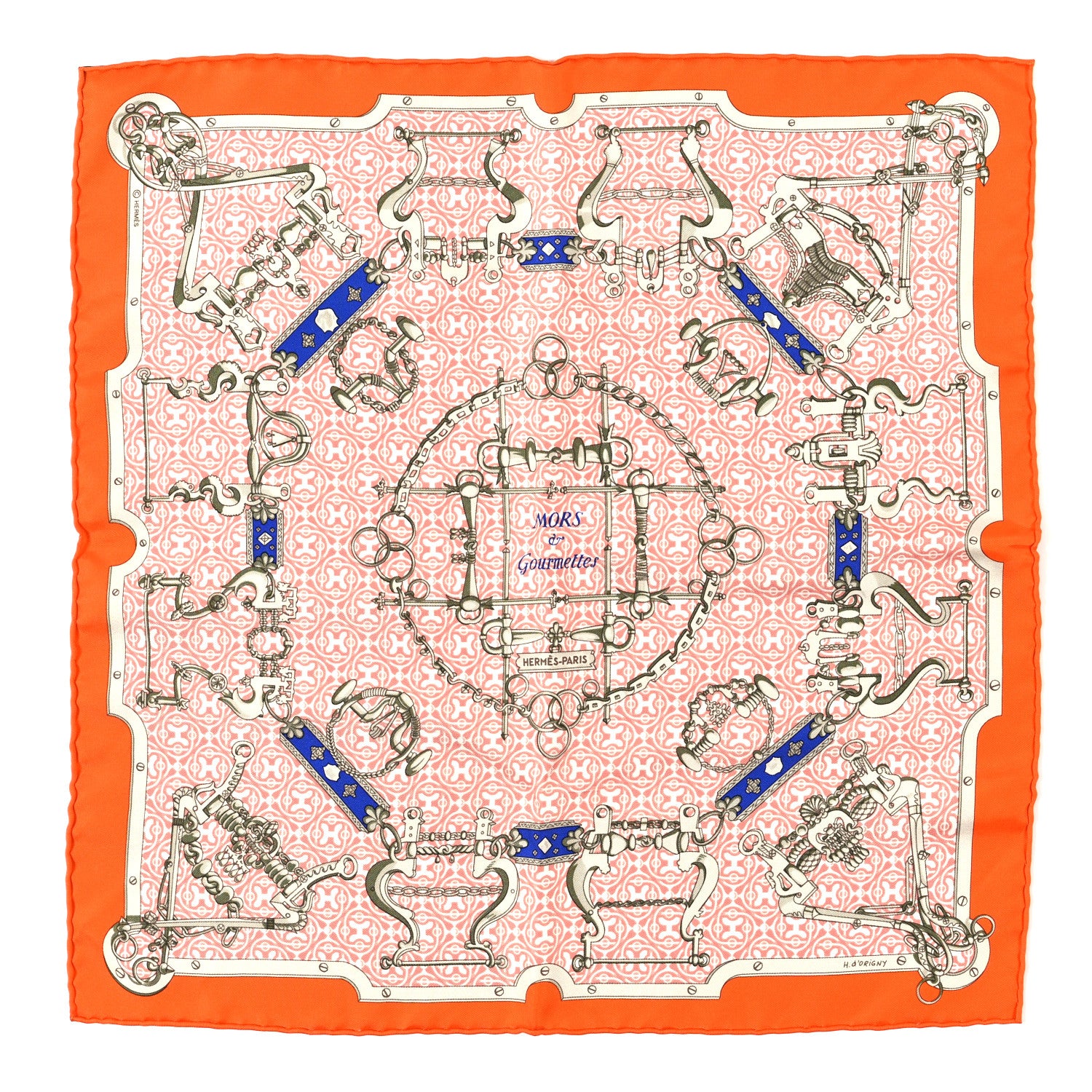 Hermes Cashmere Silk Mors Et Gourmettes Remix Scarf 45 Orange Saumon Bleu Vif 1 of 3