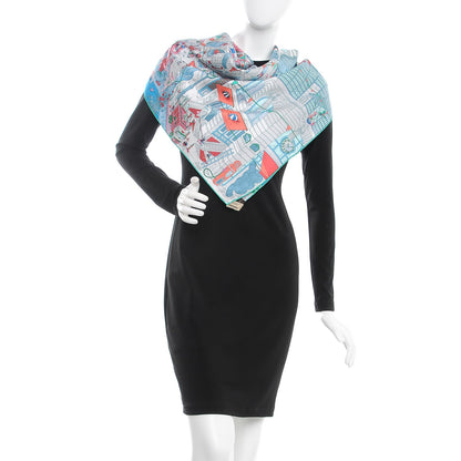 Hermes Silk Le Grand Prix Au Faubourg Scarf 90 Bleu Rose Menthol 2 of 6