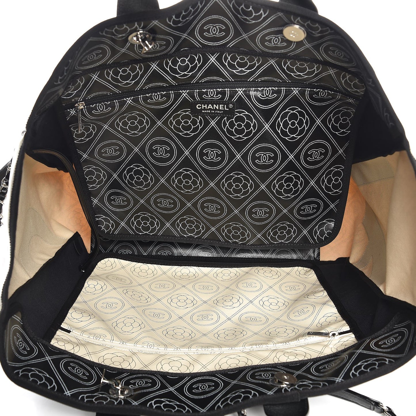 Coated Canvas Camellia Large Shopping Tote Black Beige