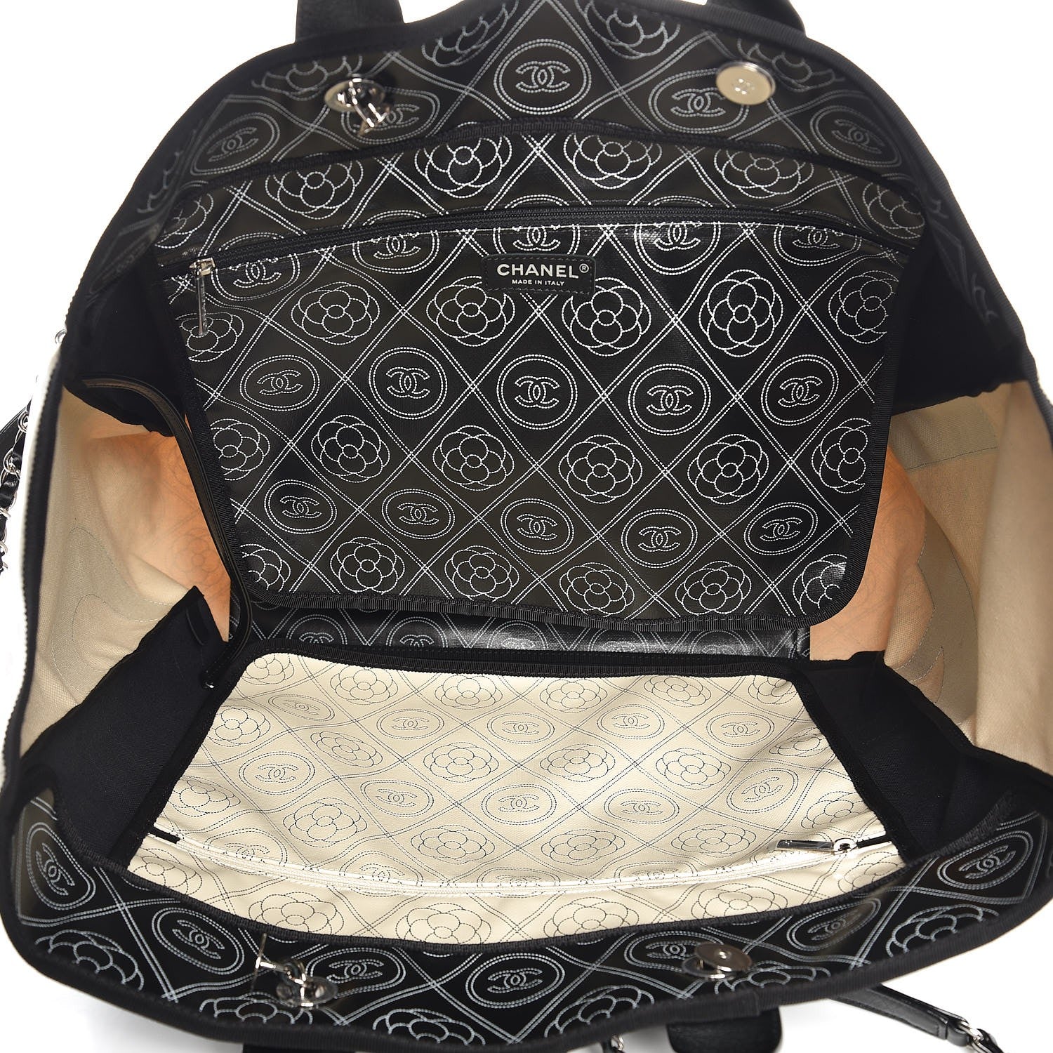 Chanel Coated Canvas Camellia Large Shopping Tote Black Beige 6 of 11